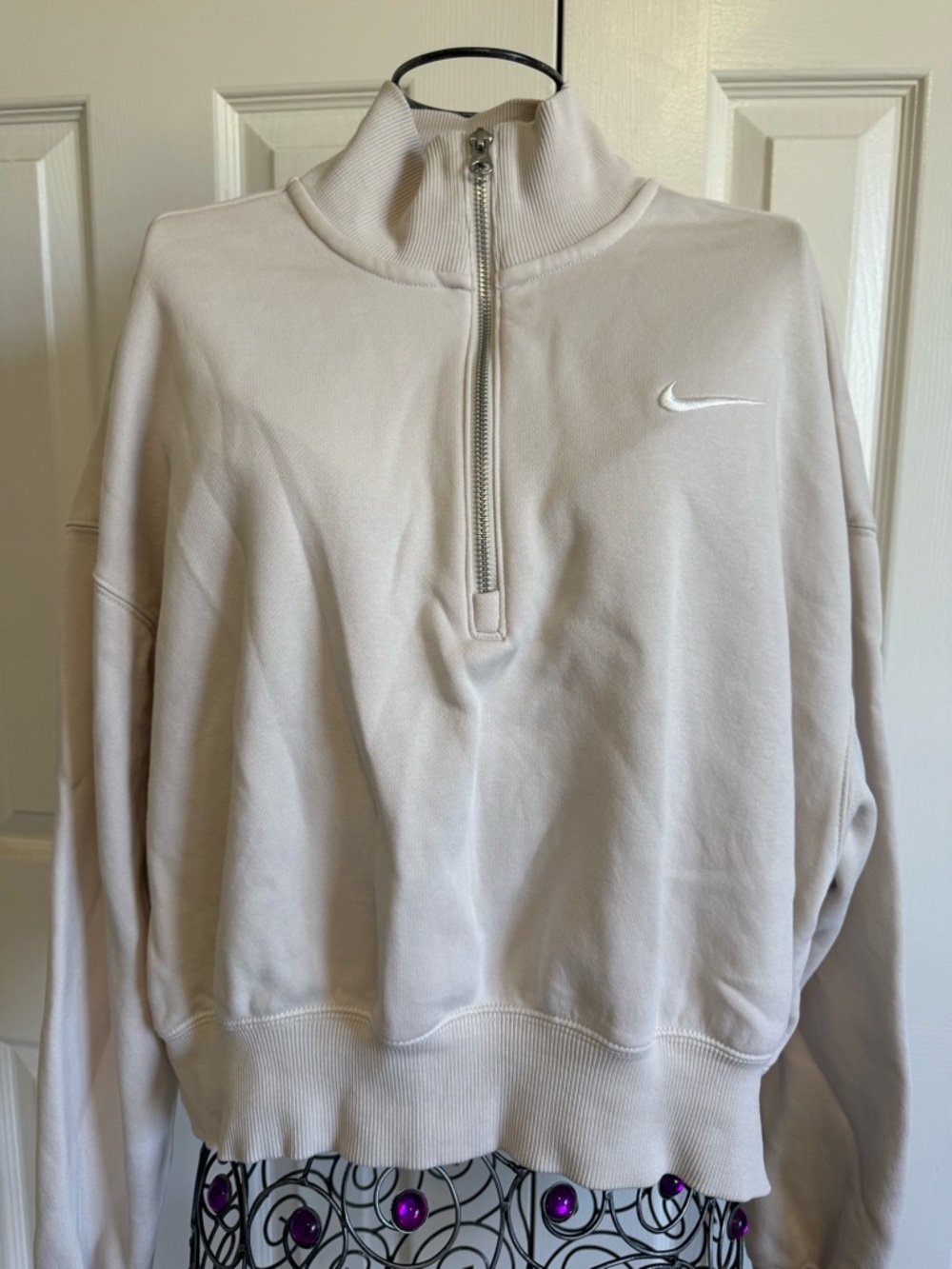 Nike women’s quarter zip pullover Sweatshirt Pale Beige swoosh athleisure.